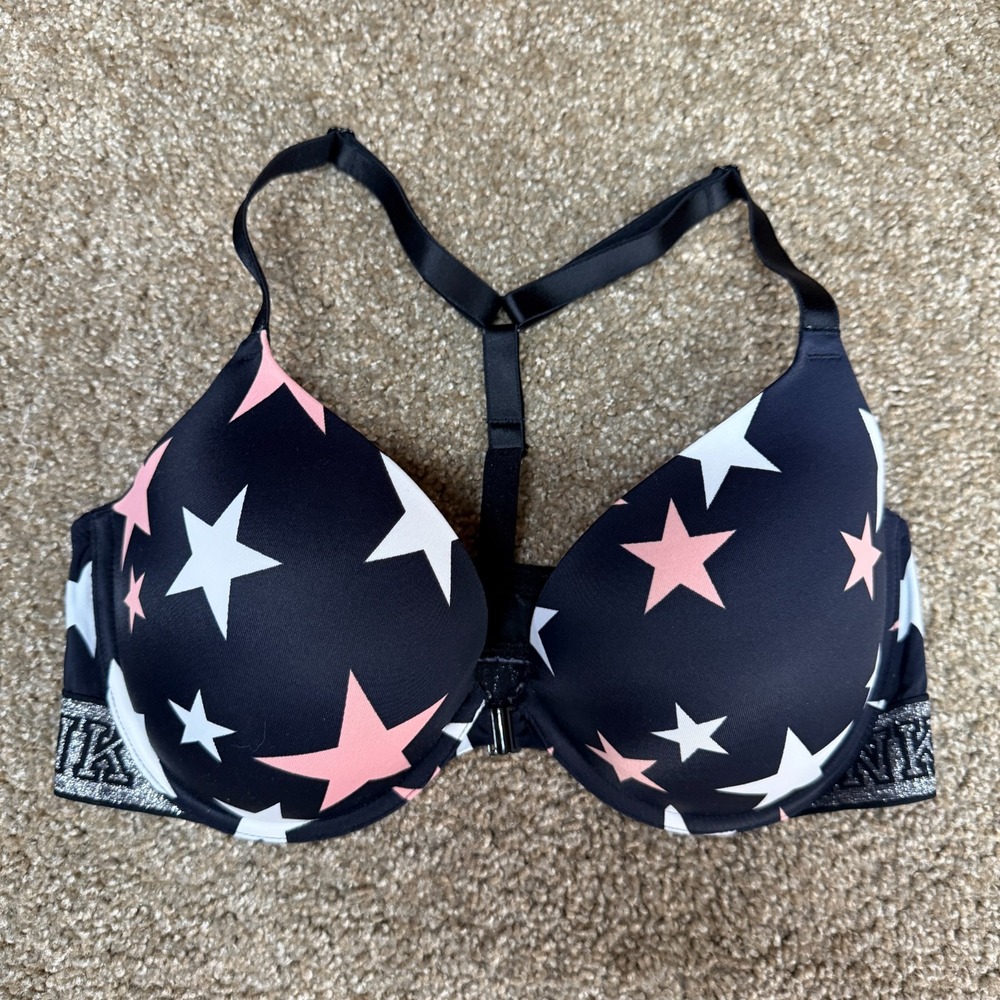 Victoria's Secret Pink Wear Everywhere Push Up Bra Womens 36D Black Stars Print